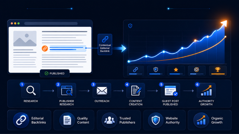 Guest posting strategy infographic showing editorial backlink workflow and authority growth