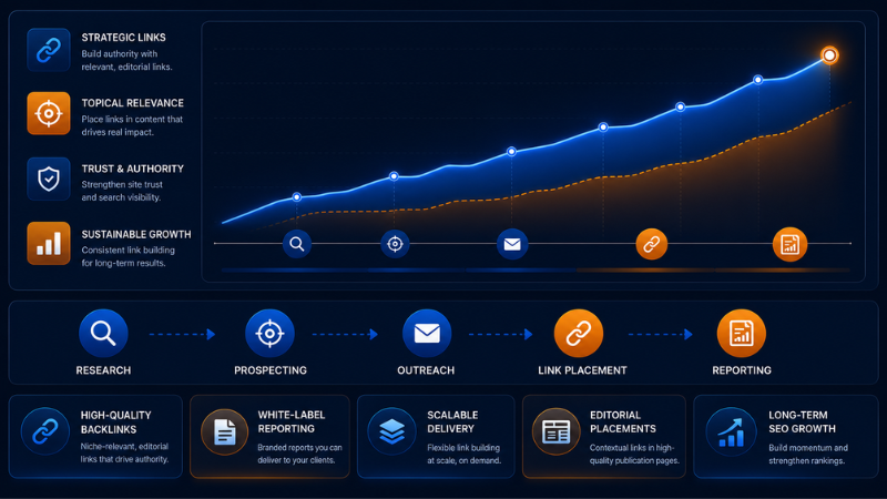 Conceptual infographic showing a white-label link building strategy for supporting SEO agency growth.